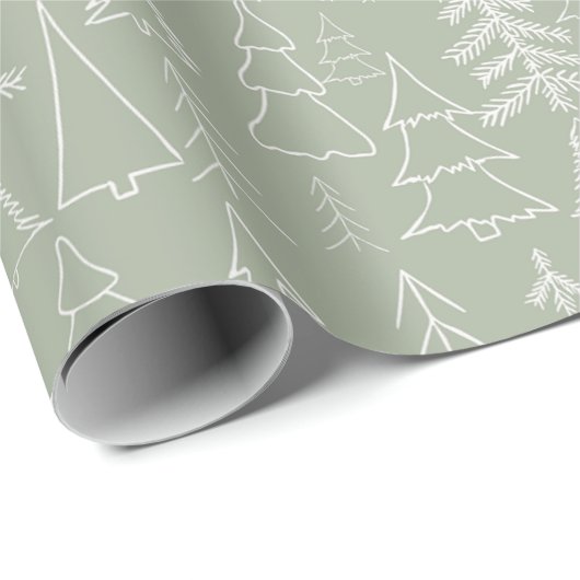Sage Green Hand-Drawn Tree Pattern Cadeaupapier (Rol Hoek)