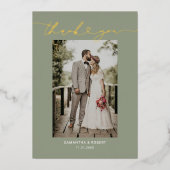 Sage Green Heart Script Weduwfoto Hartelijk dank Folie Uitnodiging (Voorkant)