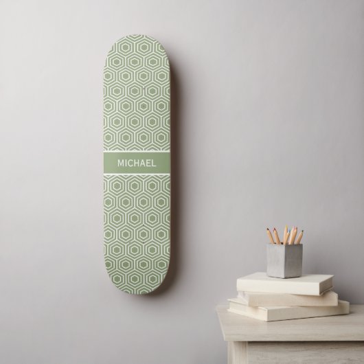 Sage Green Hexagon Honingraat Patroon Naam Skateboard (Muurkunst)