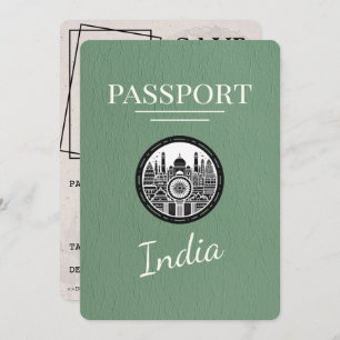 Sage Green India Passport Bewaar de datum Save The Date