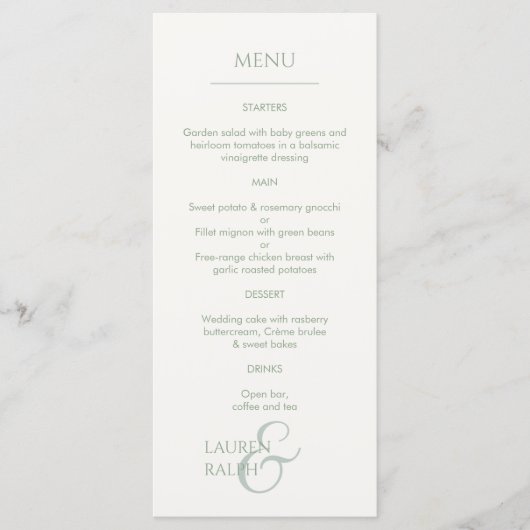 Sage Green & ivoire Monogramme Mariage Menu (Devant)