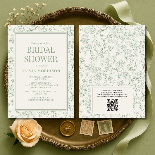 Sage Green Ivory Code QR Faire-Part de Mariage