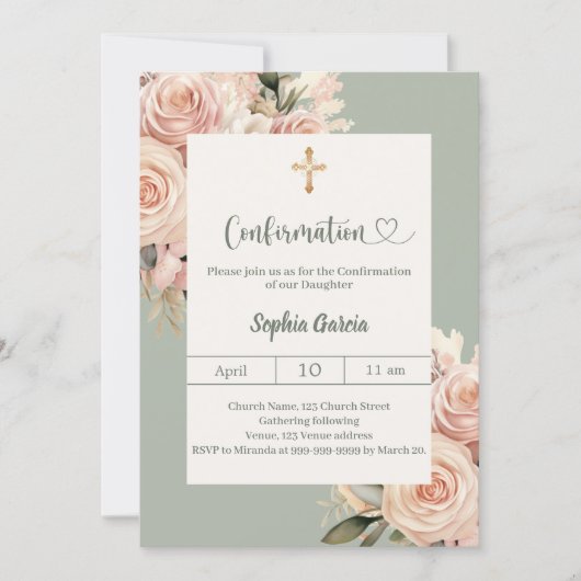 Sage green ivory dusty rose florals Confirmation Kaart (Voorkant)