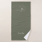 Sage Green Ivory Floral Line Art Minimalist Zen (Serviette de bain)