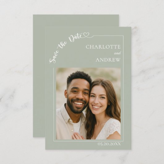 Sage Green Ivory photo wedding Save the Date (Voorkant / Achterkant)