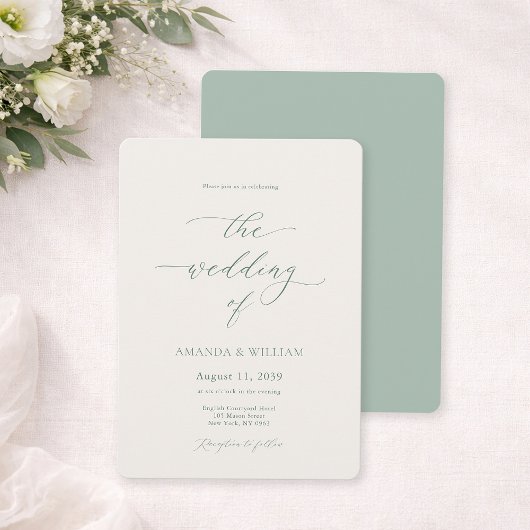 Sage Green & Ivory Wedding Invitation Kaart