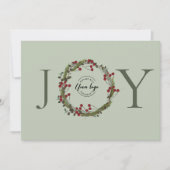 Sage Green JOY Kerstkrans Logo gepersonaliseerd Feestdagenkaart (Voorkant)