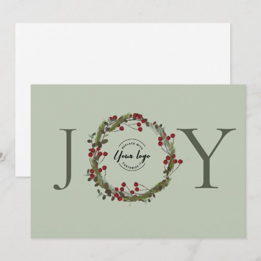 Sage Green JOY Kerstkrans Logo gepersonaliseerd Feestdagenkaart (Voorkant / Achterkant)