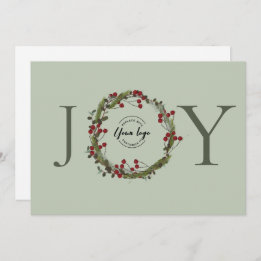 Sage Green JOY Kerstkrans Logo gepersonaliseerd Feestdagenkaart