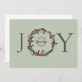 Sage Green JOY Kerstkrans Logo gepersonaliseerd Feestdagenkaart