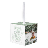 Sage Green Joyeux Noël en Bonne Année Foto Kubus Ornament (Achter hoekig)