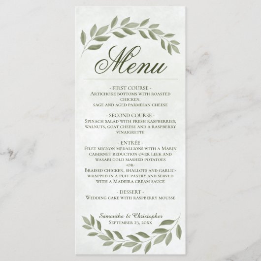 Sage Green Laurel Leaves Rustic Elegance Wedding Menu (Voorkant)