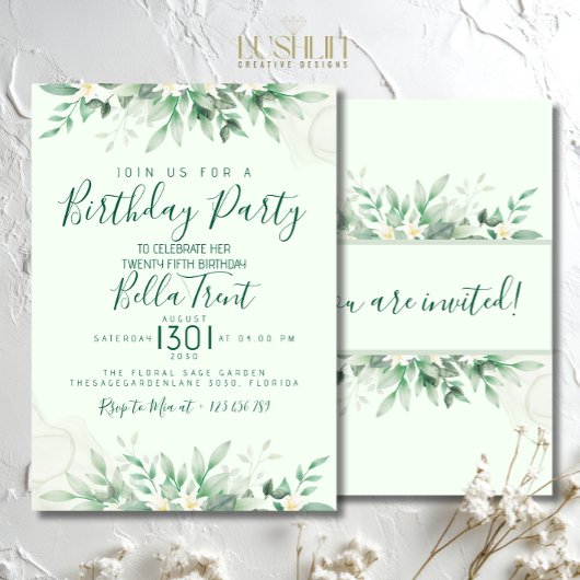 Sage Green Leaf Invitations d'anniversaire