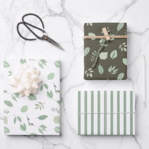 Sage Green Leaf Pattern   Stripespatroon Inpakpapier Vel