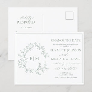 Sage Green Leafy Crest Monogram Datum wijzigen Uitnodiging Briefkaart