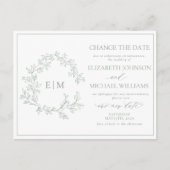 Sage Green Leafy Crest Monogram Datum wijzigen Uitnodiging Briefkaart (Voorkant)