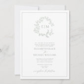 Sage Green Leafy Crest Monogram Details Huwelijk Kaart (Voorkant)