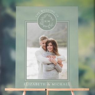 Sage Green Leafy Crest Monogram Foto Weddenschap Acryl Bord