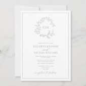 Sage Green Leafy Crest Monogram Foto Weddenschap Kaart (Voorkant)