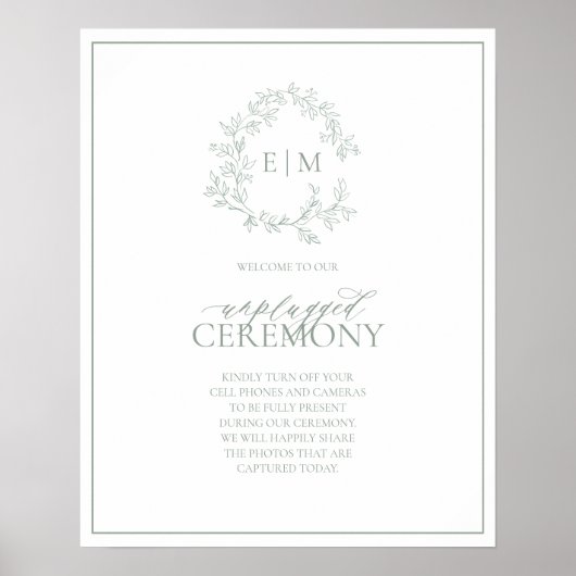 Sage Green Leafy Crest Monogram Unplugged Wedding Poster (Voorkant)