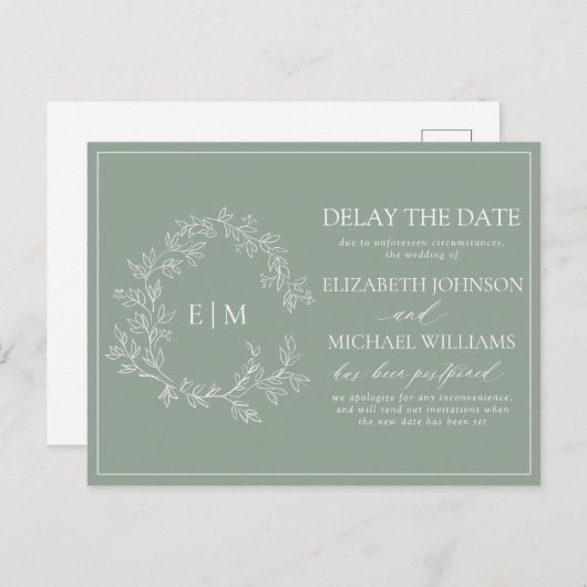 Sage Green Leafy Crest Monogram Vertraging Datum I Uitnodiging Briefkaart (Voorkant / Achterkant)