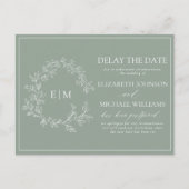 Sage Green Leafy Crest Monogram Vertraging Datum I Uitnodiging Briefkaart (Voorkant)