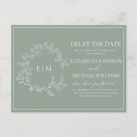 Sage Green Leafy Crest Monogram Vertraging Datum I Uitnodiging Briefkaart (Voorkant)