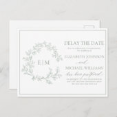 Sage Green Leafy Crest Monogram Vertraging Datum Uitnodiging Briefkaart (Voorkant / Achterkant)