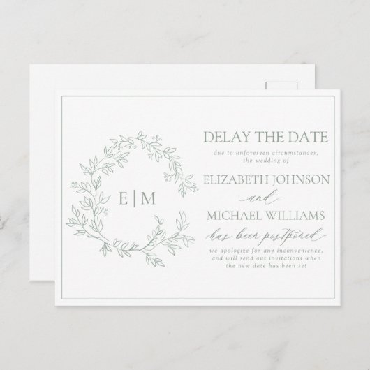 Sage Green Leafy Crest Monogram Vertraging Datum Uitnodiging Briefkaart (Voorkant / Achterkant)