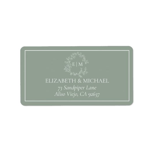 Sage Green Leafy Crest Monogram Weddenschap Adres  Etiket (Voorkant)