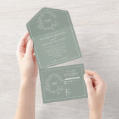 Sage Green Leafy Crest Monogram Weddenschap All In One Uitnodiging (Afscheurbaar)