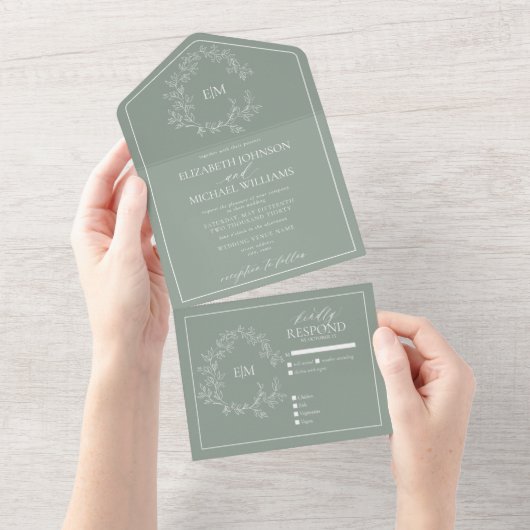 Sage Green Leafy Crest Monogram Weddenschap All In One Uitnodiging (Afscheurbaar)