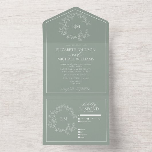 Sage Green Leafy Crest Monogram Weddenschap All In One Uitnodiging (Binnen)