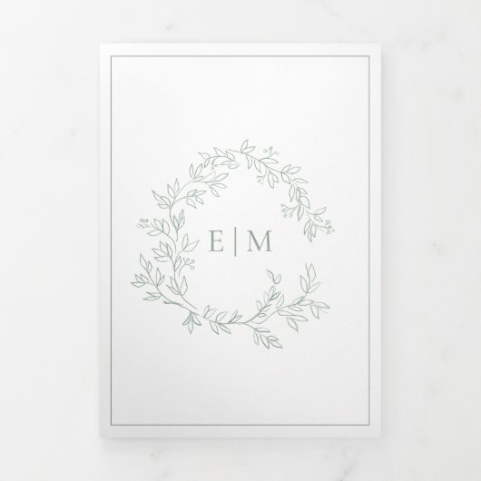 Sage Green Leafy Crest Monogram Weddenschap Drieluik Uitnodiging (Cover)