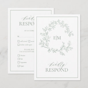 Sage Green Leafy Crest Monogram Weddenschap RSVP-k RSVP Kaartje