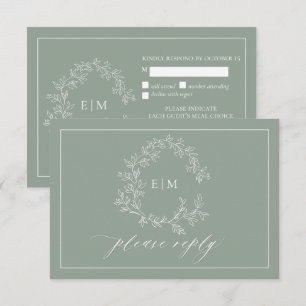 Sage Green Leafy Crest Monogram Weddenschap RSVP-k RSVP Kaartje