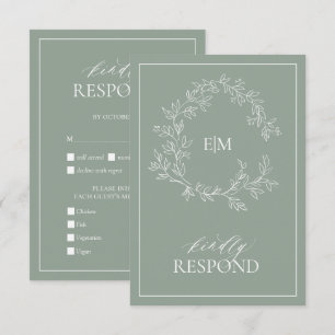 Sage Green Leafy Crest Monogram Weddenschap RSVP-k RSVP Kaartje