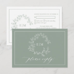 Sage Green Leafy Crest Monogram Weddenschap RSVP-k RSVP Kaartje