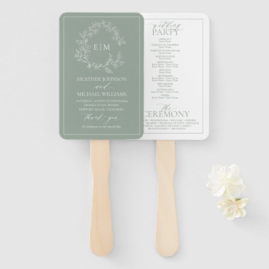 Sage Green Leafy Crest Monogram Wedding Programme Handwaaier (Voorkant en achterkant)