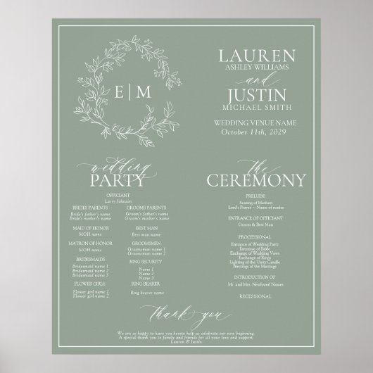 Sage Green Leafy Crest Monogram Wedding Programme Poster (Voorkant)