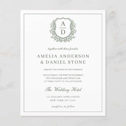 Sage Green Leafy Crest Monogram Wedding QR-code Flyer (Voorkant)