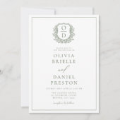 Sage Green Leafy Crest Monogram Wedding QR-code Kaart (Voorkant)