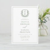 Sage Green Leafy Crest Monogram Wedding QR-code Kaart (Staand voorkant)