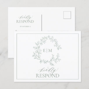Sage Green Leafy Crest Monogram Wedding RSVP Uitno Uitnodiging Briefkaart