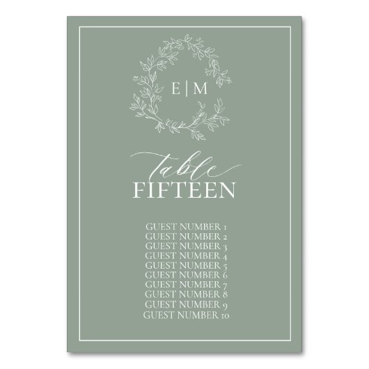 Sage Green Leafy Crest Monogram Wedding Table Numm Kaart (Voorkant)