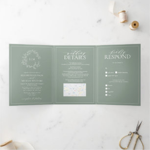 Sage Green Leafy Crest Monogram Wedding Tri-Fold I Drieluik Uitnodiging