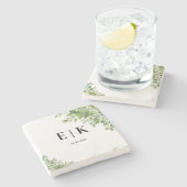 Sage Green Leaves Greenery Monogram Huwelijk Stenen Onderzetter (Zijkant)