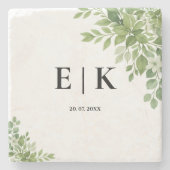 Sage Green Leaves Greenery Monogram Huwelijk Stenen Onderzetter (Voorkant)