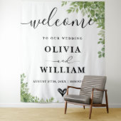 Sage Green Leaves Greenery Wedding Welkomstbord Wandkleed (In situ)