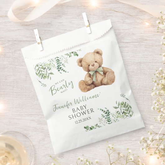 Sage Green Leaves Teddy Bear Bow Baby Boy Shower Bedankzakje (Geknipt)